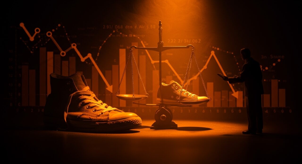 Imagen conceptual de la caída en ventas de Converse y su posible venta, destacando gestión empresarial y estrategia de marca en calzado deportivo.