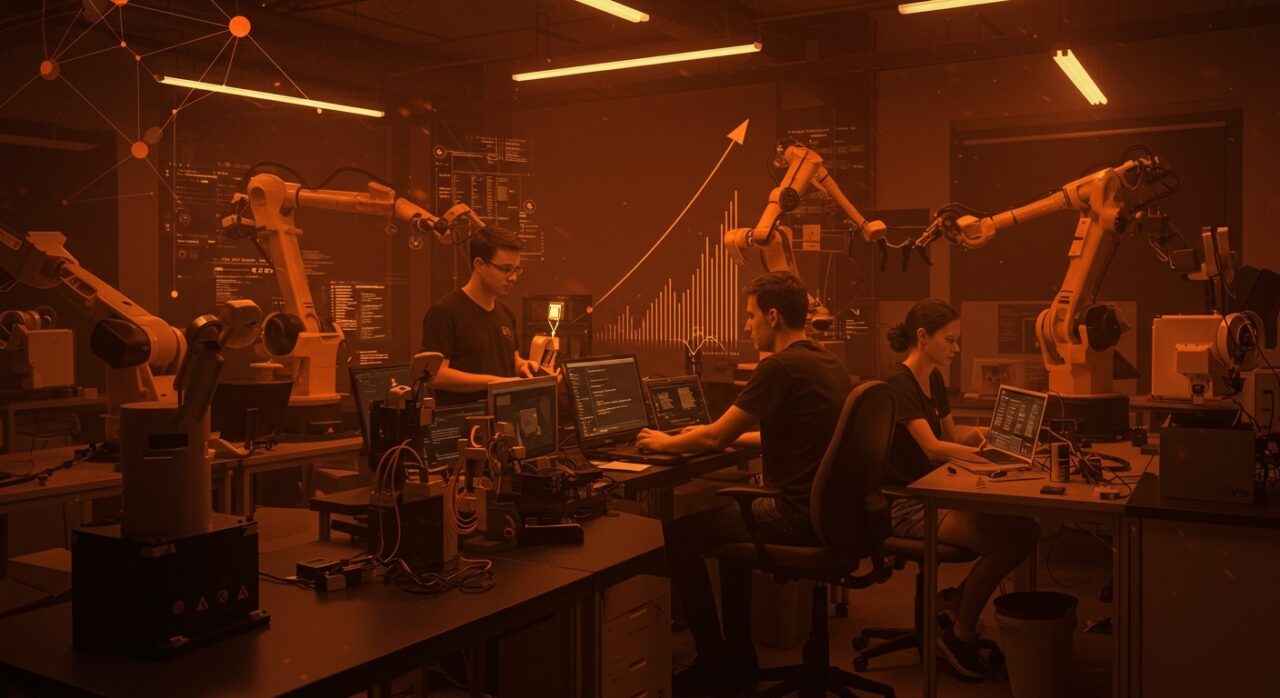 Ingenieros de software y hardware trabajando en laboratorio de robótica en startup Charge Robotics YC S21, destacando convocatoria y empleo tech.