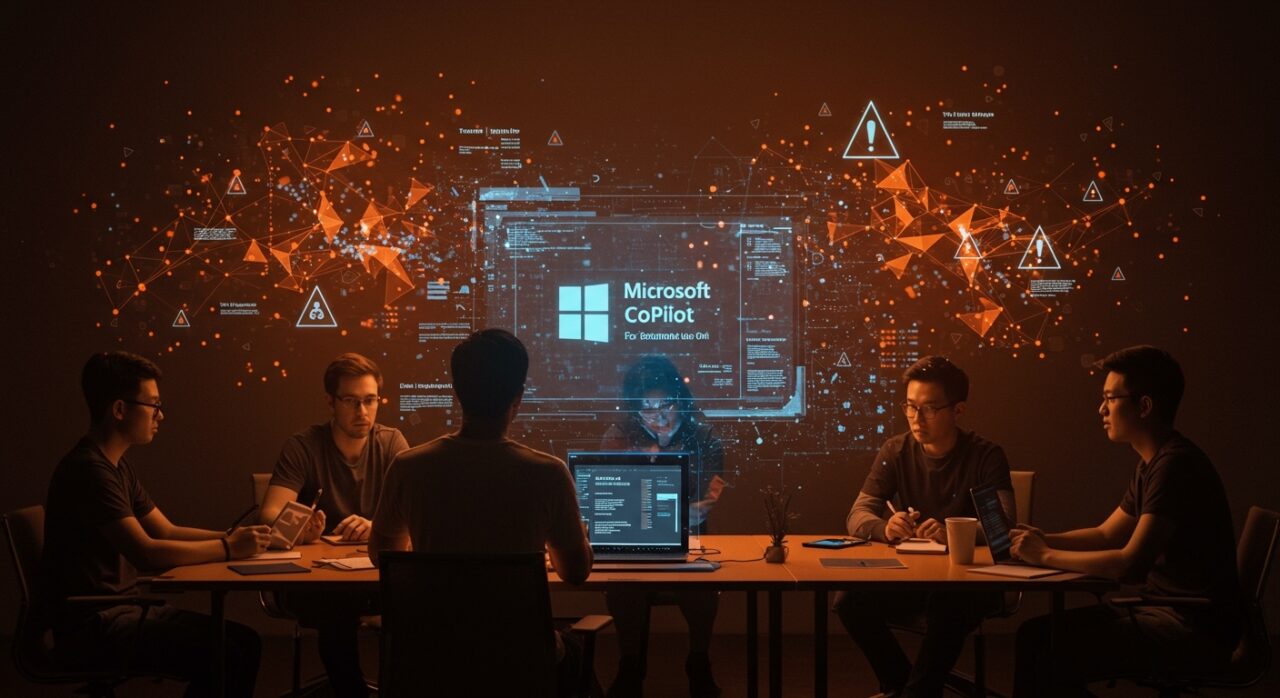 Startup founders analyzing Microsoft Copilot y sus términos de uso como herramienta de IA solo para entretenimiento en entornos empresariales.