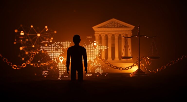 Ilustración conceptual sobre órdenes geofence y privacidad de datos en la Corte Suprema de EE.UU. con enfoque en vigilancia digital y consecuencias legales.