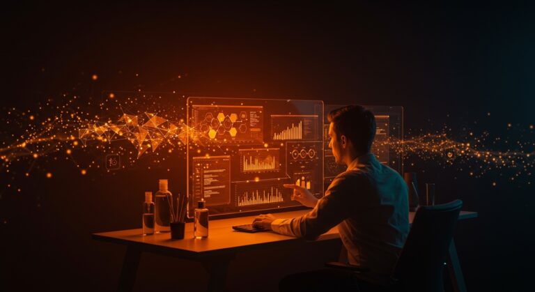 Infraestructura de datos en personal care representada con un ingeniero digital analizando fórmulas cosméticas y flujos de datos, simbolizando innovación y funding en la industria cosmética.