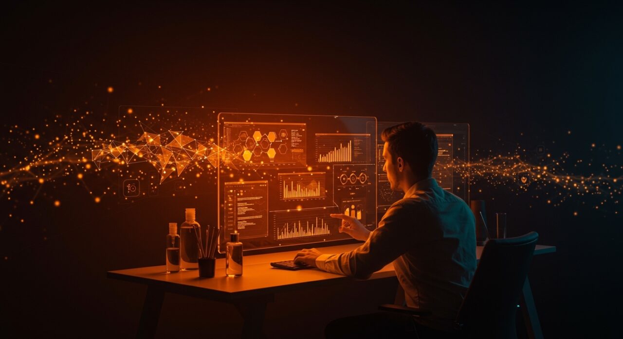 Infraestructura de datos en personal care representada con un ingeniero digital analizando fórmulas cosméticas y flujos de datos, simbolizando innovación y funding en la industria cosmética.