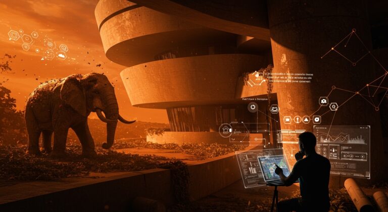 Elefante blanco de startup representado con edificio abandonado y fundador analizando lecciones de escalado y gestión de proyectos en Alcorcón.