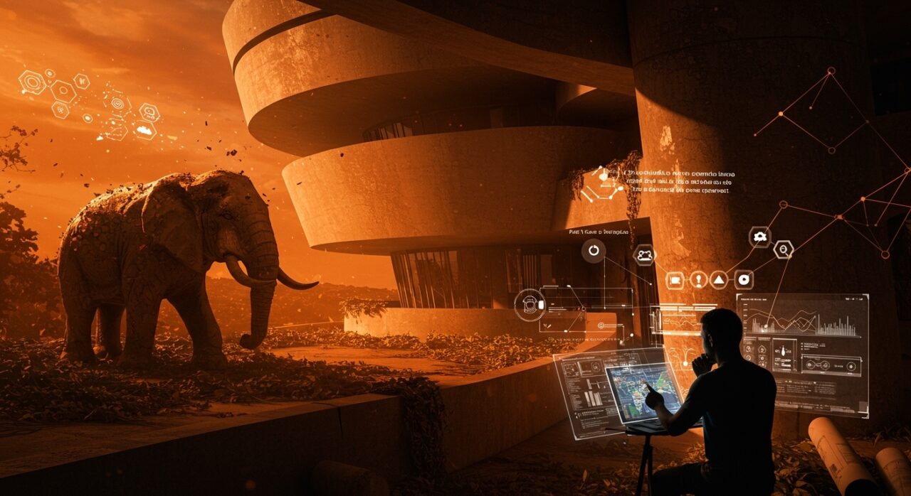 Elefante blanco de startup representado con edificio abandonado y fundador analizando lecciones de escalado y gestión de proyectos en Alcorcón.