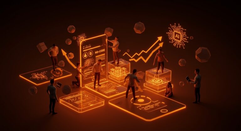 Crear apps con IA sin programar usando herramientas no-code 2026, colaboración de founders en plataforma tecnológica avanzada.