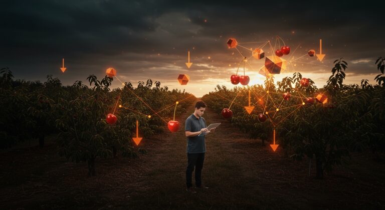 Crisis cerezas Chile 2026 representada con huertos afectados y un emprendedor agrícola evaluando datos tecnológicos en contexto de mercado y agrotech.