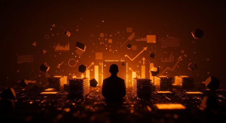 Líder tecnológico chino frente a un paisaje digital de memoria RAM y chips semicondcutores, ilustrando la crisis global y tendencias del mercado tech.