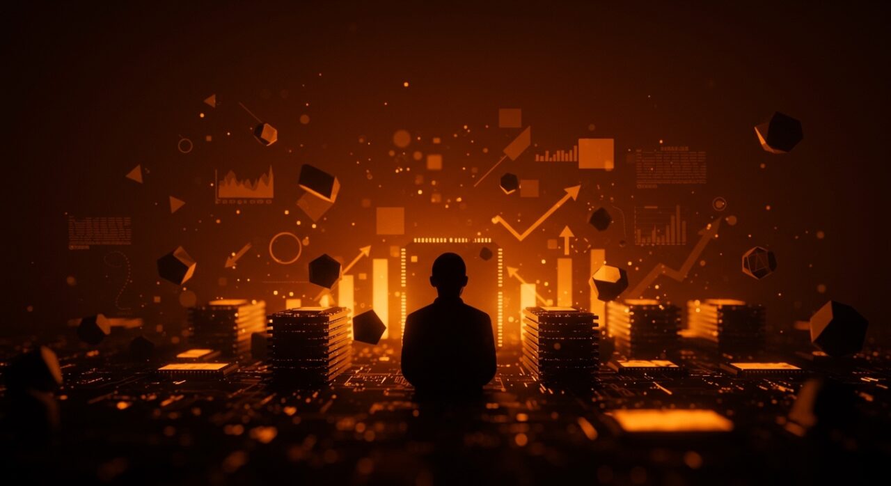 Líder tecnológico chino frente a un paisaje digital de memoria RAM y chips semicondcutores, ilustrando la crisis global y tendencias del mercado tech.