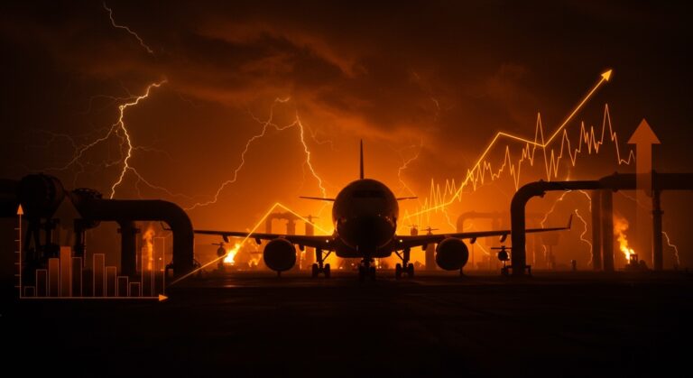 Crisis del combustible de aviación en Europa mostrando avión detenido y metáforas visuales de corte de suministro y oportunidades startup.