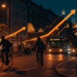 Escena urbana europea con movilidad sostenible y ahorro energético representando la crisis del petróleo y políticas públicas innovadoras.