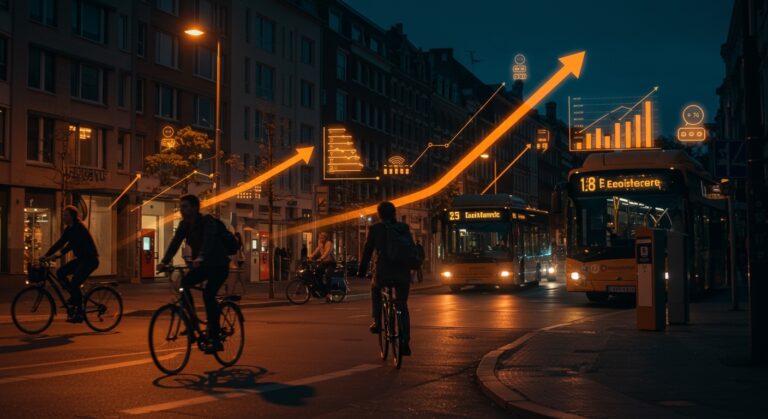 Escena urbana europea con movilidad sostenible y ahorro energético representando la crisis del petróleo y políticas públicas innovadoras.