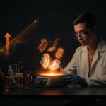 Founder de startup biotech Cryosmetics con modelo holográfico de microbioma cutáneo y símbolos de funding y escalabilidad en Latinoamérica.