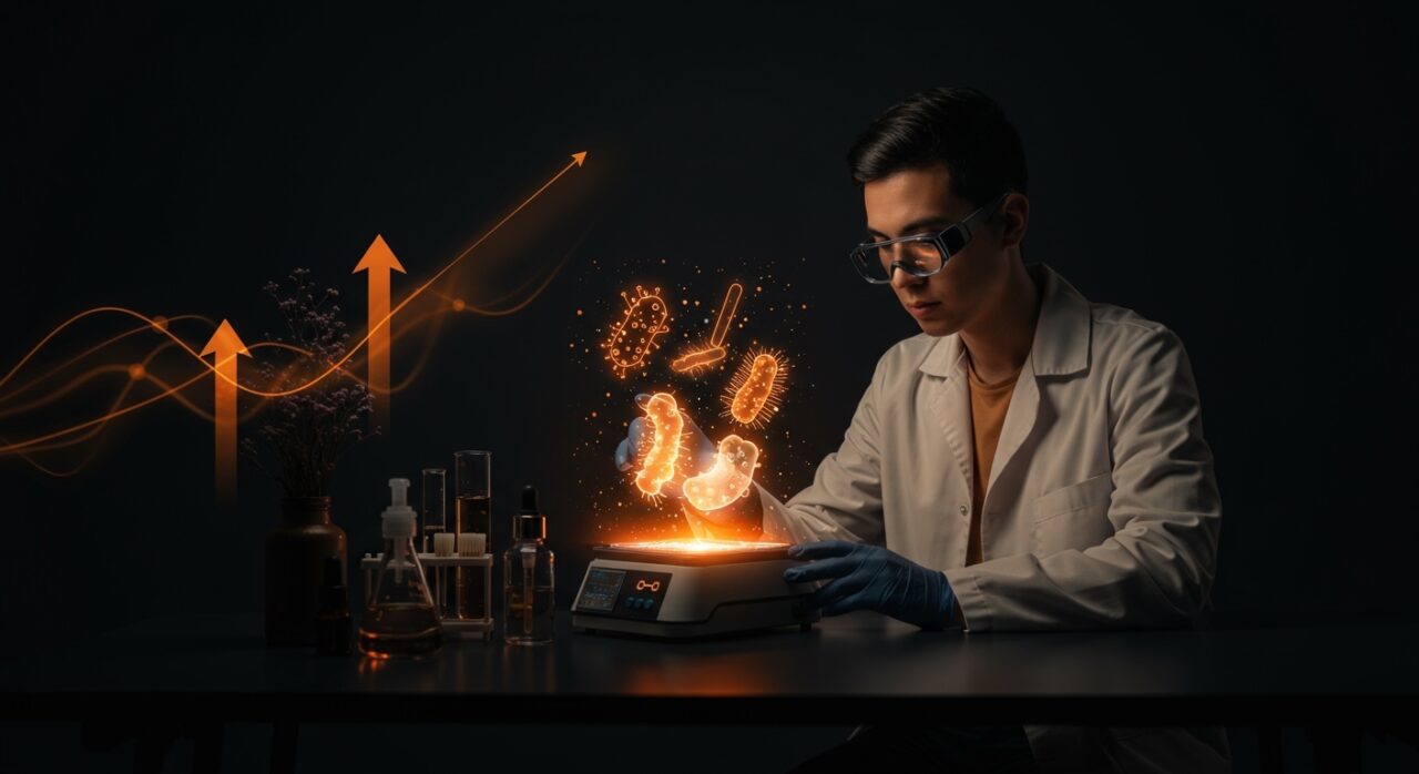 Founder de startup biotech Cryosmetics con modelo holográfico de microbioma cutáneo y símbolos de funding y escalabilidad en Latinoamérica.