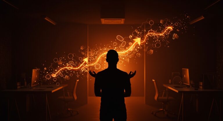 Fundadora de startup uruguaya Cryosmetics mirando un horizonte digital con metáforas de inversión y expansión internacional en cosmética natural basada en microbioma.