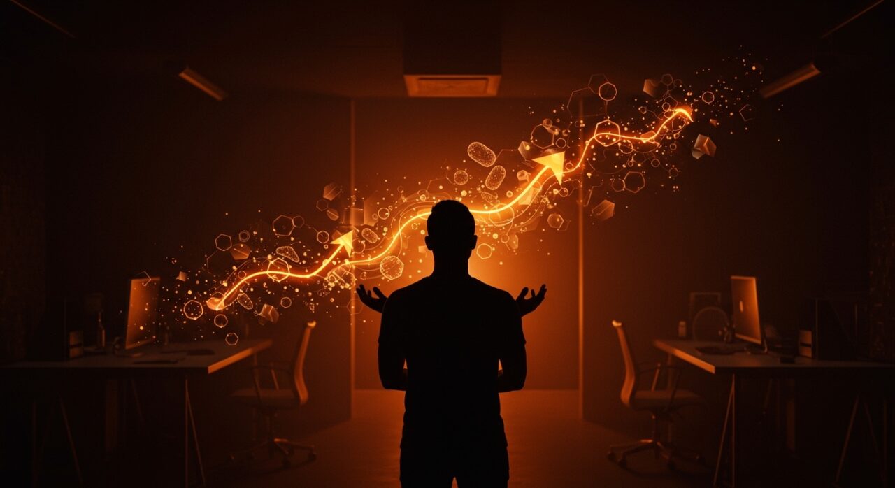 Fundadora de startup uruguaya Cryosmetics mirando un horizonte digital con metáforas de inversión y expansión internacional en cosmética natural basada en microbioma.