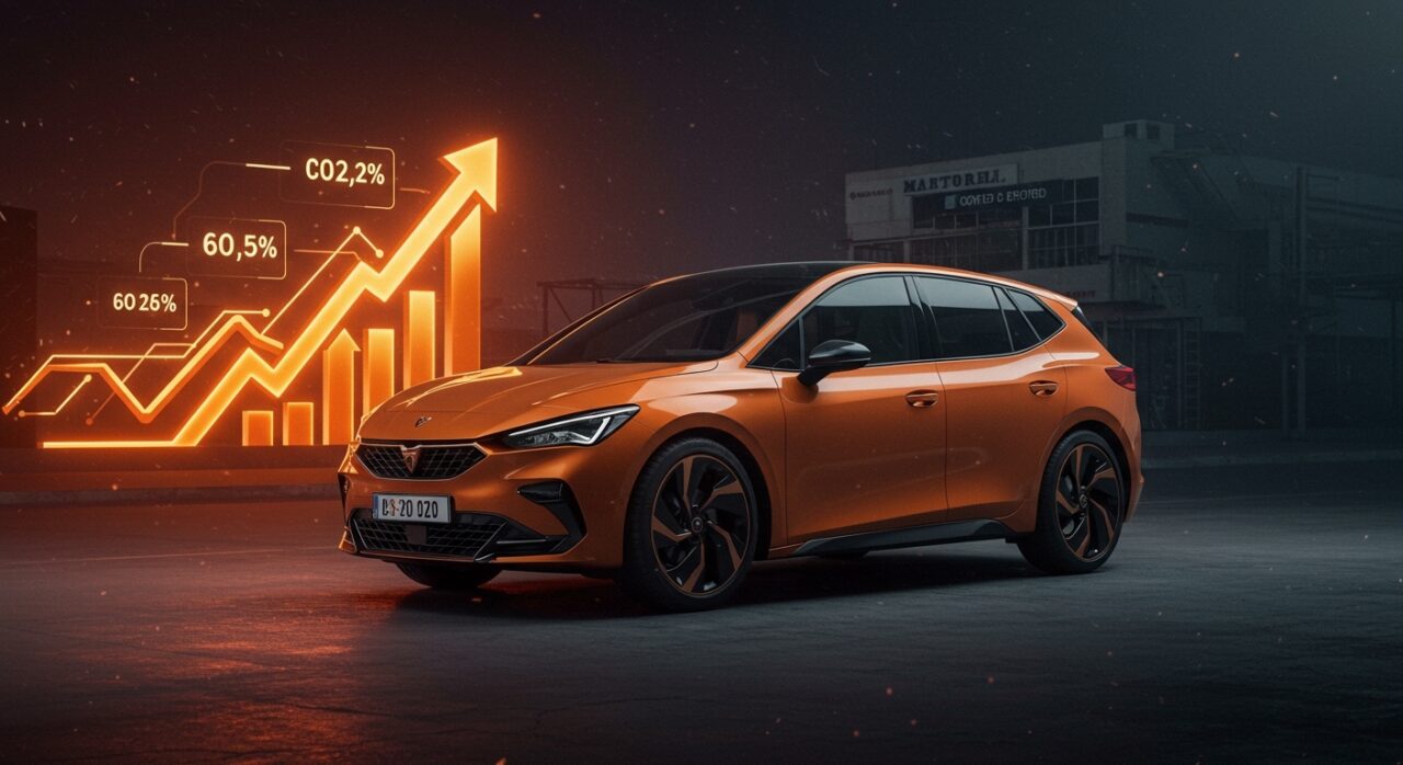 Cupra Raval eléctrico español destacado en ciudad con fábrica de Martorell, simbolizando movilidad eléctrica y normativa CO2 UE.