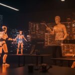 Workspace futurista con agentes autónomos de código y un fundador tech utilizando IA para automatizar desarrollo de software.