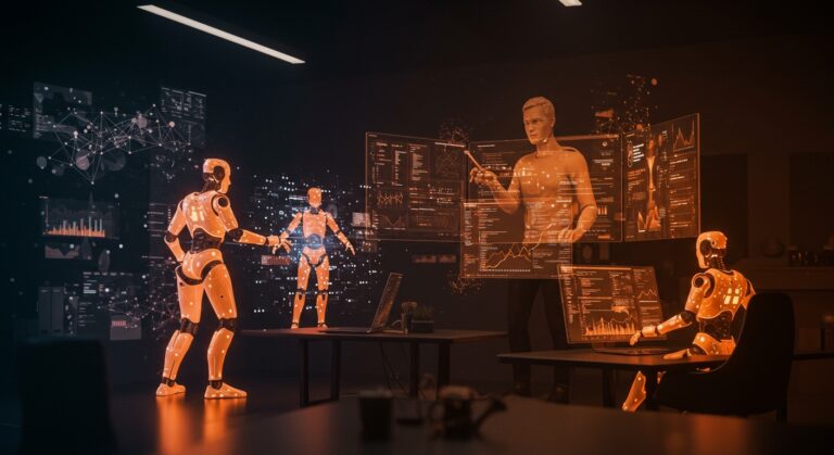 Workspace futurista con agentes autónomos de código y un fundador tech utilizando IA para automatizar desarrollo de software.