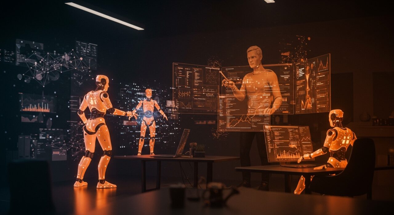 Workspace futurista con agentes autónomos de código y un fundador tech utilizando IA para automatizar desarrollo de software.
