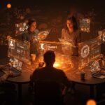 Cursos gratis de inteligencia artificial para founders tech, con visualización de herramientas AI como ChatGPT, Claude, Gemini y Copilot en colaboración futurista.