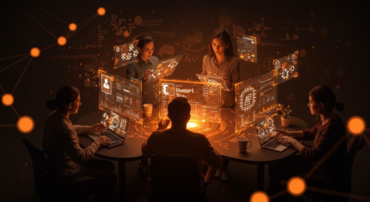 Cursos gratis de inteligencia artificial para founders tech, con visualización de herramientas AI como ChatGPT, Claude, Gemini y Copilot en colaboración futurista.