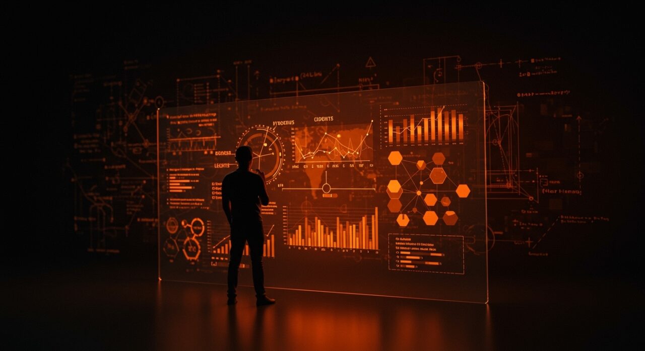 Founder validando hipótesis con método empírico y Lean Startup en entorno tecnológico con paleta naranja y negro.