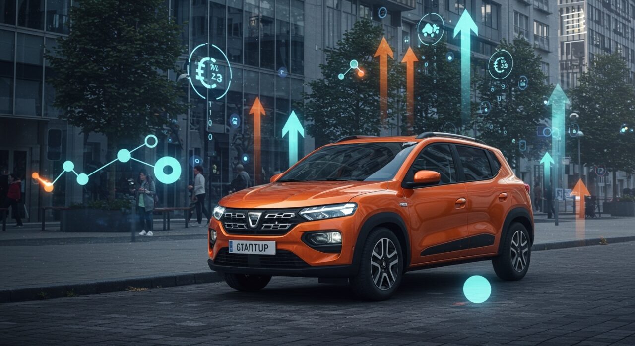 Coche eléctrico Dacia eCar destacando en un entorno urbano europeo futurista, simbolizando movilidad urbana y adaptación a regulaciones europeas.