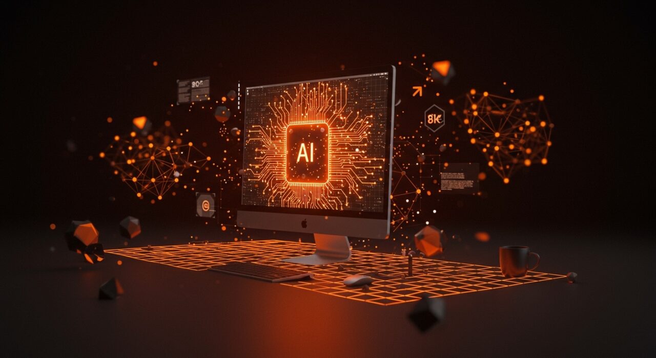 Apple Silicon Mac ilustrado con infografía de IA privada y descentralizada, mostrando ahorro de costos y monetización de hardware en startups tecnológicas.