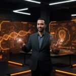 Stephen Winchell de DARPA interactuando con hologramas de startups IA y biotecnología enfocadas en tecnología de defensa, en un entorno futurista.