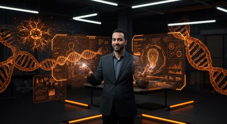 Stephen Winchell de DARPA interactuando con hologramas de startups IA y biotecnología enfocadas en tecnología de defensa, en un entorno futurista.