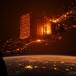 Data center orbital iluminado en tonos naranja y negro representando la innovación tecnológica y la valoración de SpaceX en el sector espacial.