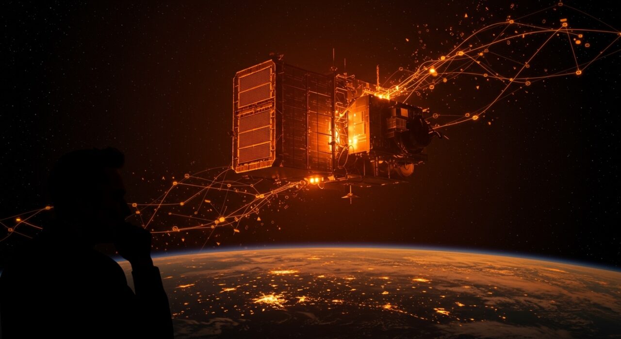 Data center orbital iluminado en tonos naranja y negro representando la innovación tecnológica y la valoración de SpaceX en el sector espacial.