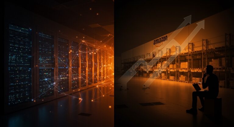 Comparativa visual entre data centers y almacenes Amazon con percepción pública y retos para startups tecnológicas.