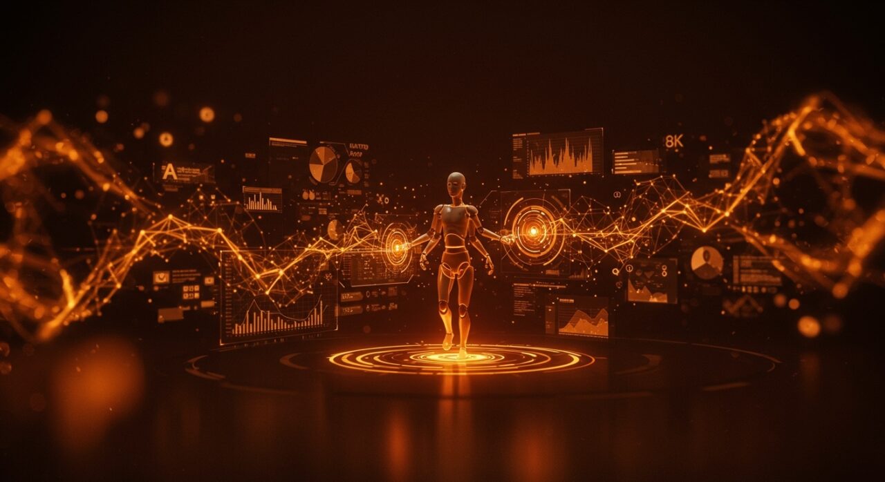 Agentes multi-paso en IA superando al RAG tradicional en precisión, representado con interfaces digitales y redes neuronales abstractas en colores naranja y negro.