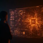 Investigador de IA DeepMind y visualización abstracta de conciencia artificial en debate sobre simulación versus instanciación, con motivos éticos para startups.
