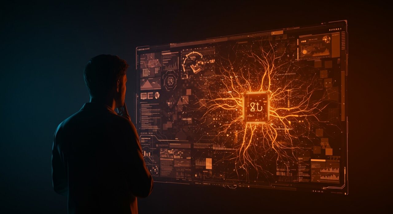 Investigador de IA DeepMind y visualización abstracta de conciencia artificial en debate sobre simulación versus instanciación, con motivos éticos para startups.