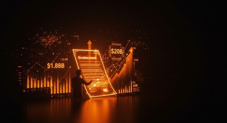 Founder negociando financiamiento multimillonario en inteligencia artificial representado con gráficos financieros y redes neuronales en tonos naranja y negro.