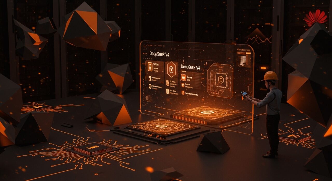 DeepSeek V4 mostrando 1,6T parámetros y contexto de 1M tokens optimizado para Huawei Ascend, destacando reducción de costos y tecnología IA para startups.