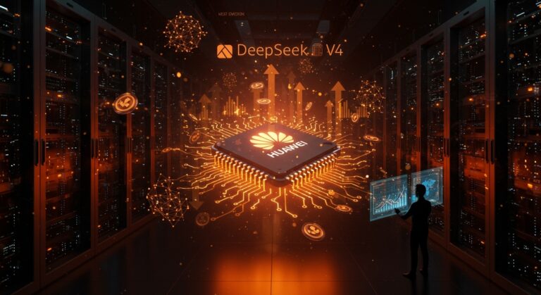 DeepSeek V4 con chips Huawei mostrando contexto de un millón de tokens y eficiencia de costos para startups de inteligencia artificial en 2026.