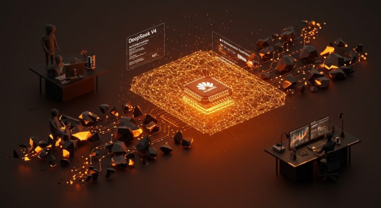 Visualización futurista de DeepSeek V4, modelo IA open source con 1.6 billones de parámetros y soporte para chips Huawei, destacando eficiencia y tecnología avanzada para startups.