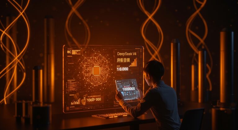 Representación visual de DeepSeek V4 con 1 millón de tokens y arquitectura MoE, resaltando la innovación en IA china open source y el retraso respecto a occidente en startups de inteligencia artificial.