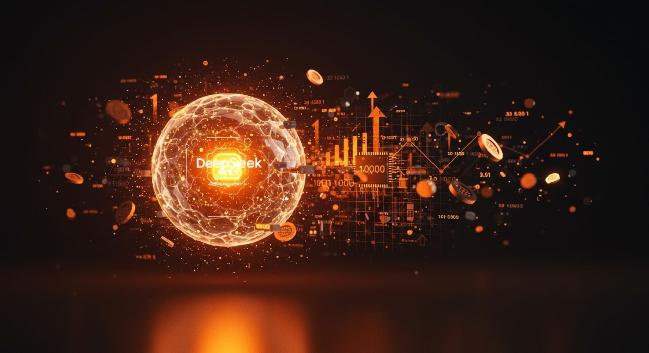 Visualización futurista de DeepSeek V4 con 1,6 billones de parámetros y contexto de un millón de tokens, destacando tecnología IA open-source para startups hispanohablantes.