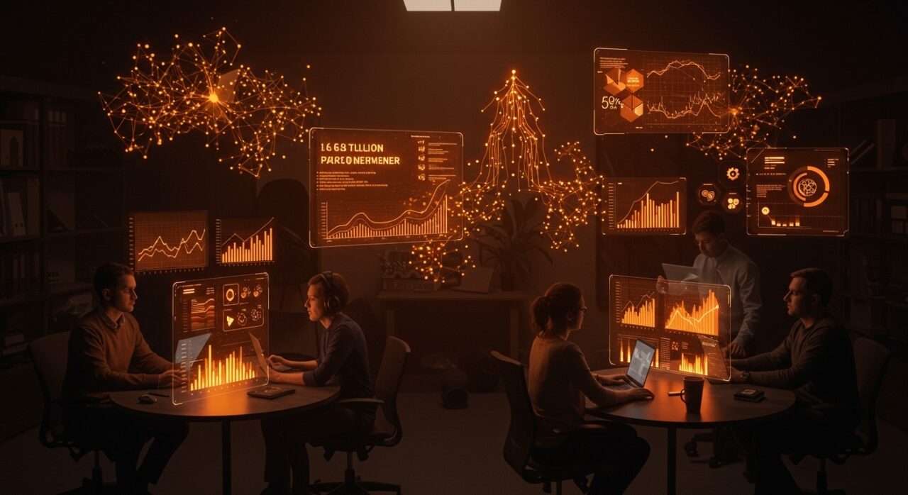 Startup founders colaborando con visualizaciones holográficas de DeepSeek V4, un modelo de IA eficiente con 1.6T parámetros y reducción de costos para empresas tecnológicas.