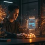 Startup analizando visualización holográfica de DeepSeek V4, destacando modelo IA de 1,6T parámetros y eficiencia con costos reducidos.