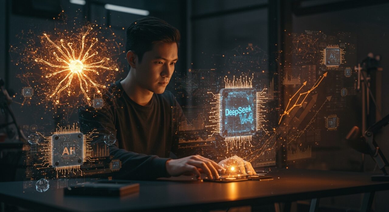Startup analizando visualización holográfica de DeepSeek V4, destacando modelo IA de 1,6T parámetros y eficiencia con costos reducidos.