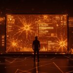 Founder de startup frente a una interfaz digital que representa DeepSeek-V4 con 1 billón de parámetros y contexto de 1 millón de tokens, tecnología IA open source innovadora.