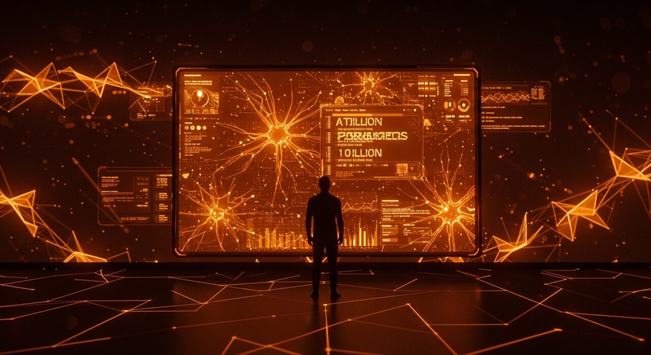 Founder de startup frente a una interfaz digital que representa DeepSeek-V4 con 1 billón de parámetros y contexto de 1 millón de tokens, tecnología IA open source innovadora.