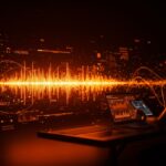 Representación visual de música generada por IA en Deezer con flujos de datos y patrones neuronales mostrando tendencias y streams fraudulentos en plataformas digitales.