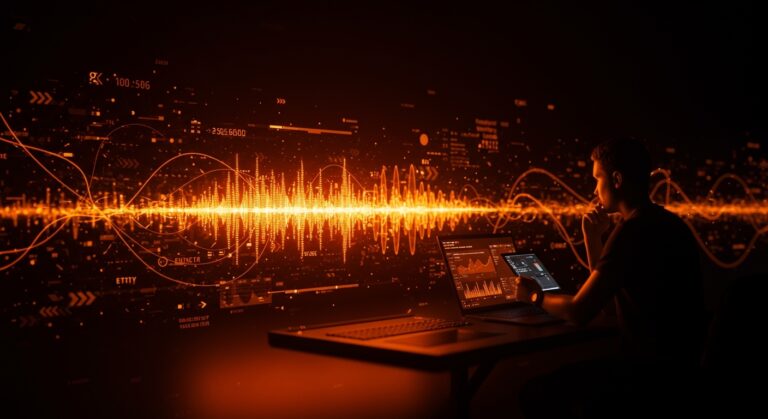 Representación visual de música generada por IA en Deezer con flujos de datos y patrones neuronales mostrando tendencias y streams fraudulentos en plataformas digitales.