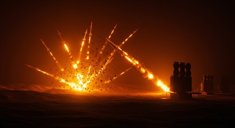 Defensa antimisiles de Israel enfrentando la táctica de saturación con submuniciones de Irán, ilustrando innovación táctica y tecnología militar.